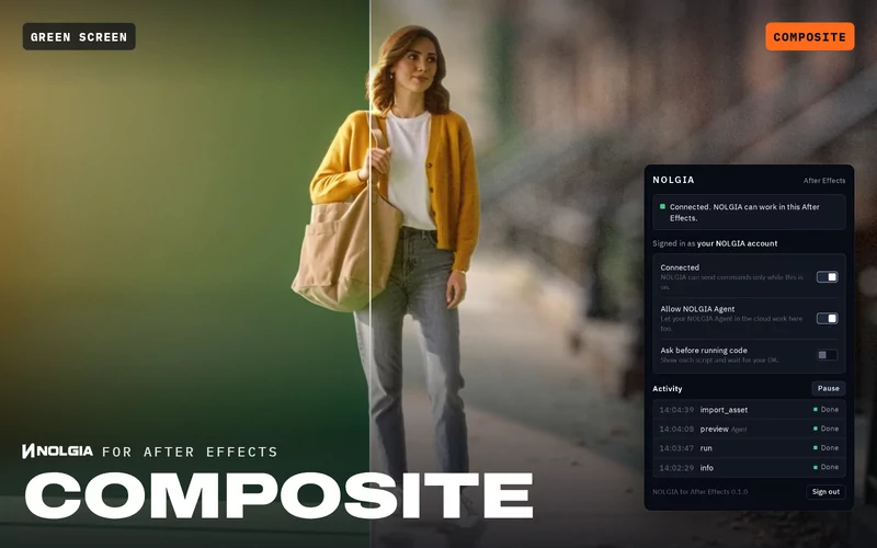 Composite: a woman on a green screen on the left and the same shot composited onto a sidewalk on the right, with the NOLGIA panel beside it.
