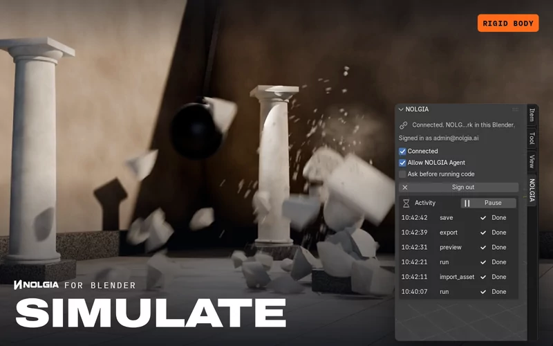 Simulate: a marble column shattering under a wrecking ball, a rigid body simulation rendered in Blender, with the NOLGIA tab's Activity list beside it.