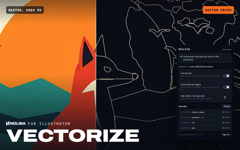 Vectorize: a fox illustration as a 1024 px raster image on the left and as the vector paths Illustrator traced on the right, with the NOLGIA panel beside it.