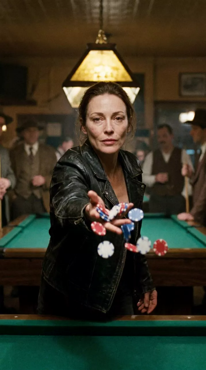 Take 2, kept: the poker chips hang still in the air in front of her while the camera moves in and around her