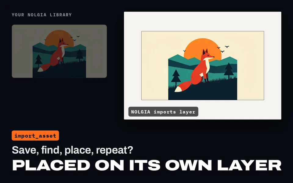 Save, find, place, repeat? Placed on its own layer: the fox illustration from the NOLGIA Library placed on the artboard on the NOLGIA imports layer.