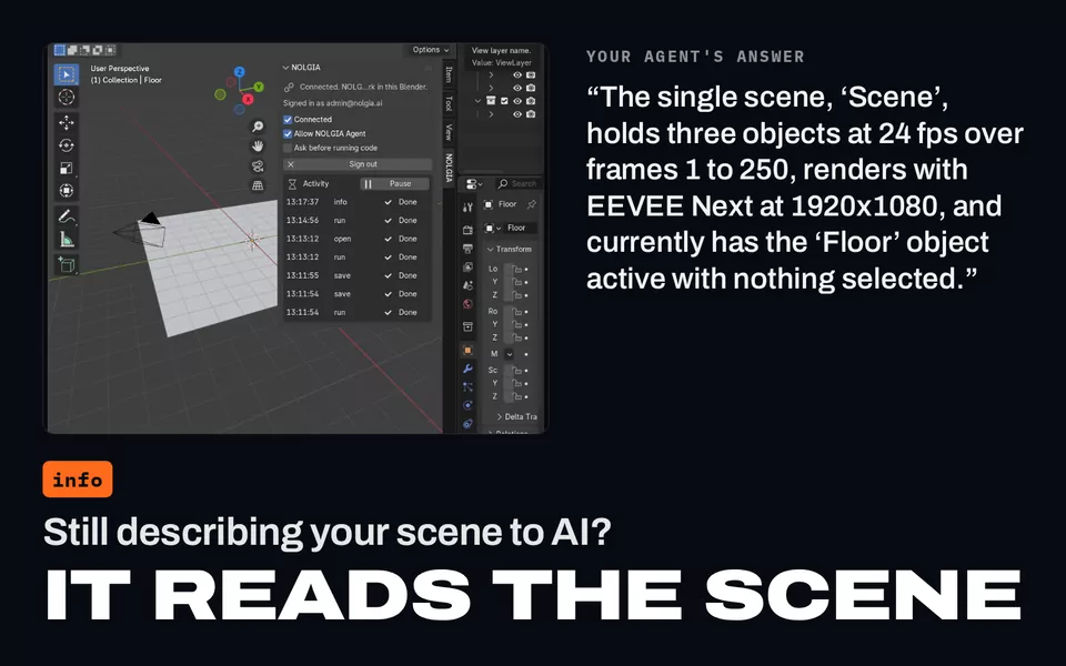 Still describing your scene to AI? It reads the scene: Blender beside the agent's answer, that the scene holds three objects at 24 fps over frames 1 to 250 and renders with EEVEE Next at 1920x1080.