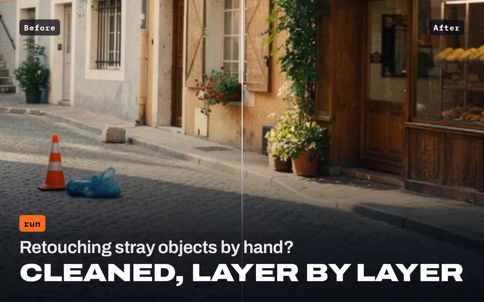 Retouching stray objects by hand? Cleaned, layer by layer: a cobbled street outside a bakery split before and after a cone, a bag and a chair are removed.
