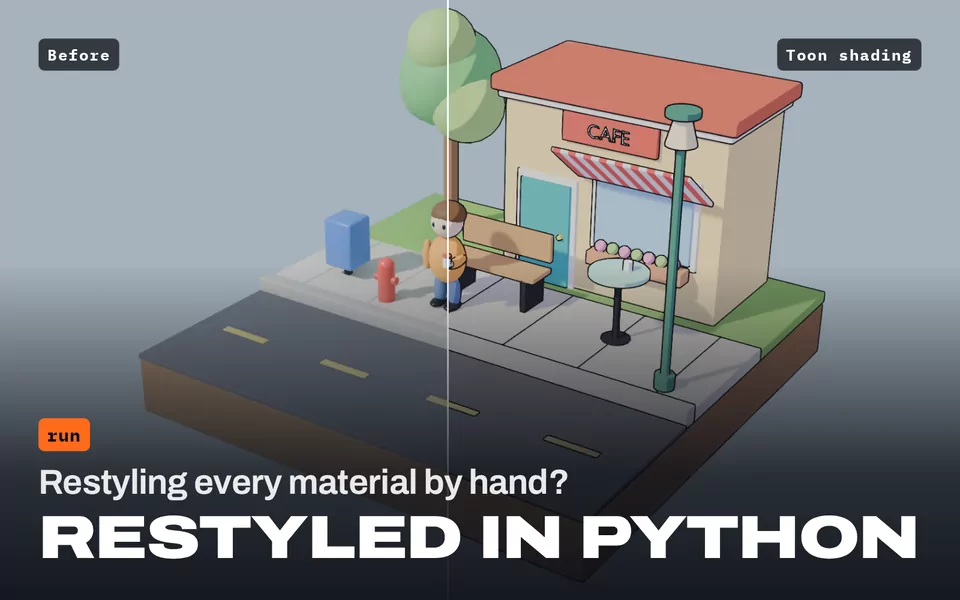 Restyling every material by hand? Restyled in Python: a street corner scene split before and after a toon shading pass.