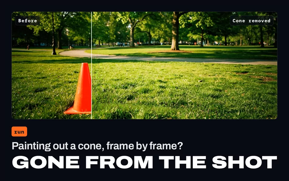 Painting out a cone, frame by frame? Gone from the shot: a park shot split before and after an orange cone is removed.
