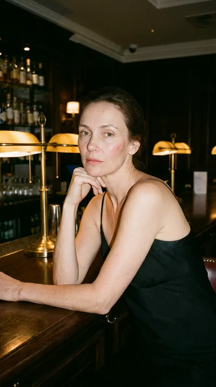 A woman in a black slip dress leaning on a hotel bar, chin on her hand: the frame rushes in from the bar to an extreme close-up of her eyes