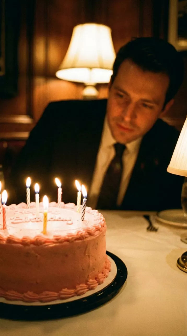A pink birthday cake with lit candles in a wood-panelled steakhouse: the frame snaps back from the cake to the whole long table, a man in a dark suit at the end and his friends applauding
