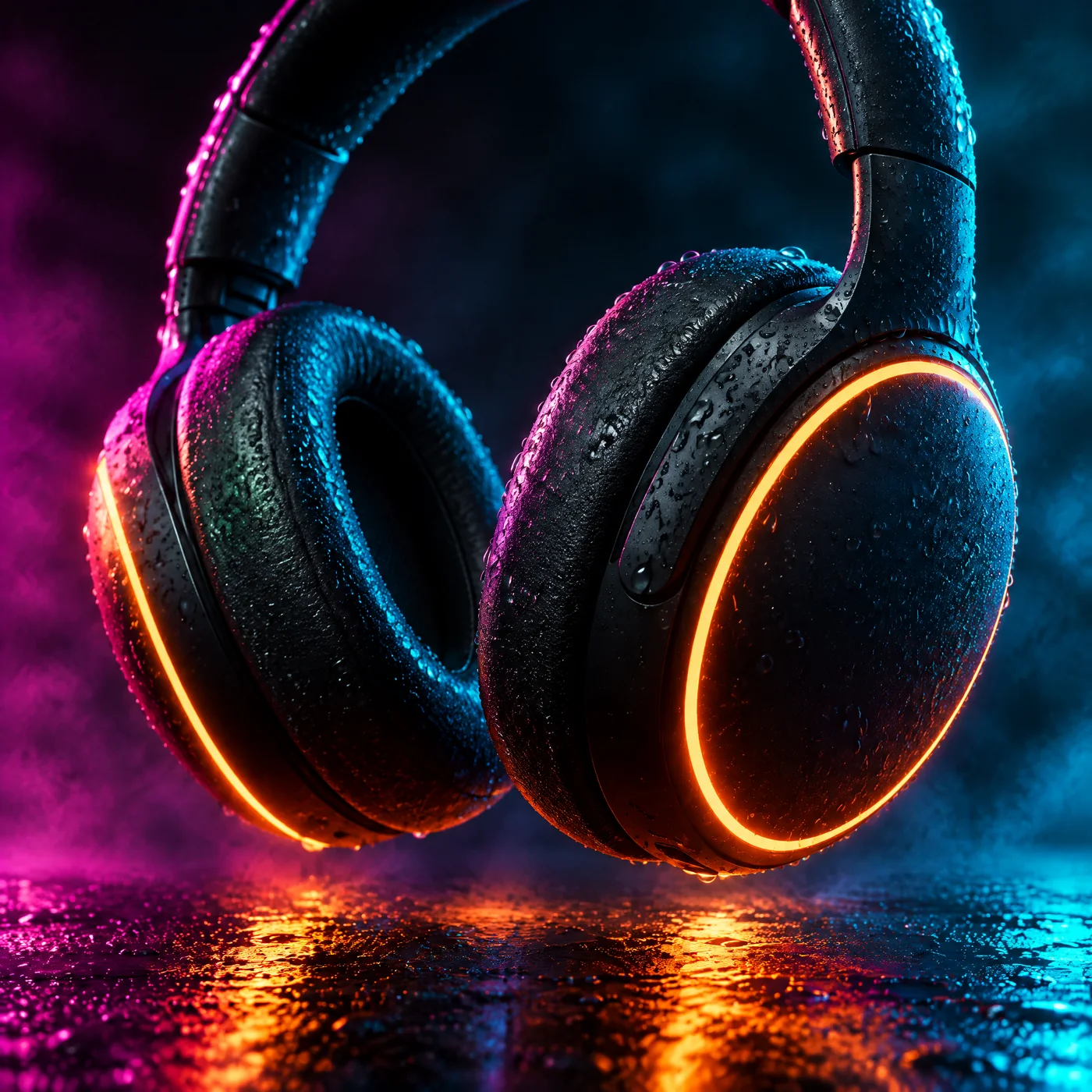 Close-up of the headphones covered in fine rain droplets, magenta and cyan neon reflections, square