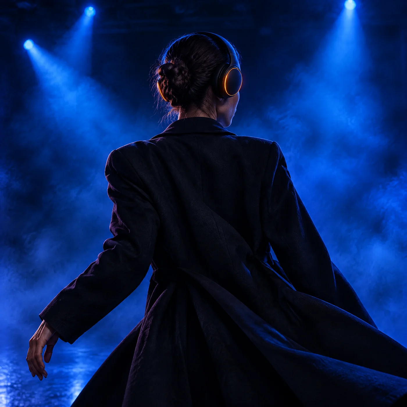 A dancer in a long dark coat seen from behind wearing the headphones under blue stage strobes and haze, no face visible, square