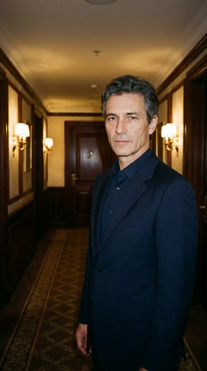 A man in a navy suit stands in a wood-panelled hotel corridor staring at the camera: he stays about the same size while the corridor behind him stretches longer and the far door falls away