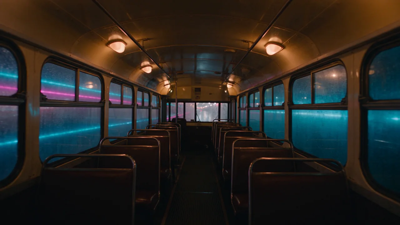 Inside an empty tram, worn seats under amber light, neon streaks sliding past rain-streaked windows