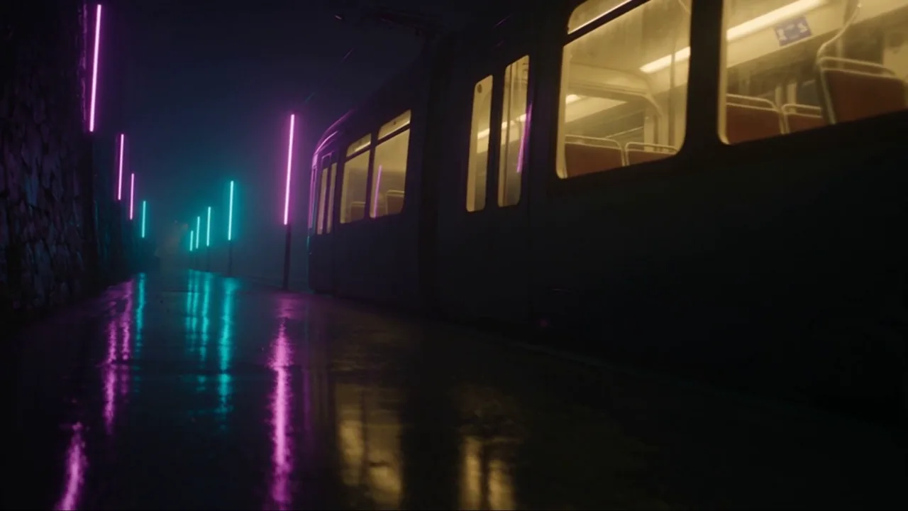 Episode 1 of After Hours Atlas: the empty tram approaching through neon rain, then the empty interior, narrated by Isla Marr over a quiet piano score with tram and rain sound