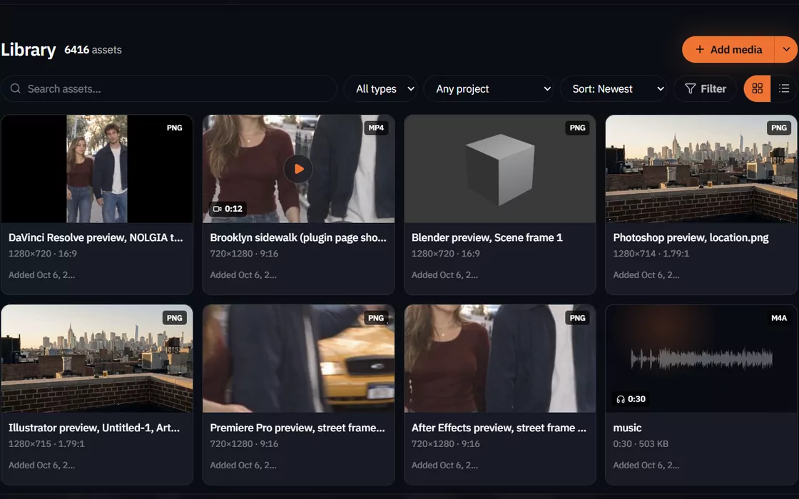 The NOLGIA Library holding the previews and exports that came from the apps.