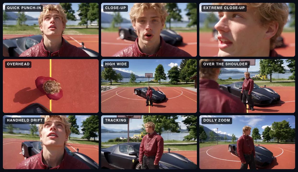 Nine more angles of the same moment of the take, each labelled: Quick punch-in, Close-up, Extreme close-up, Overhead, High wide, Over the shoulder, Handheld drift, Tracking and Dolly zoom