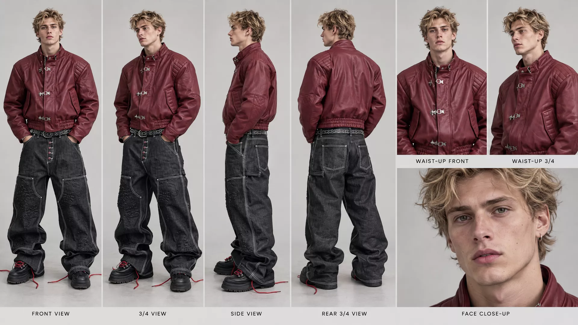 A character sheet of one young man with tousled blonde hair in a burgundy quilted leather jacket, black baggy cargo jeans and black platform sneakers with red laces: front, three quarter, side and rear views, two waist up views and a face close up