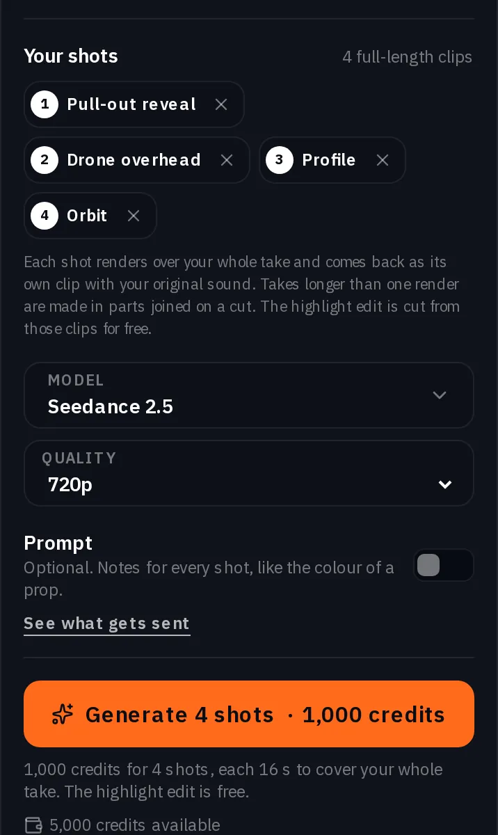 The same part of the Multicam form on a phone, with Generate 4 shots and its price