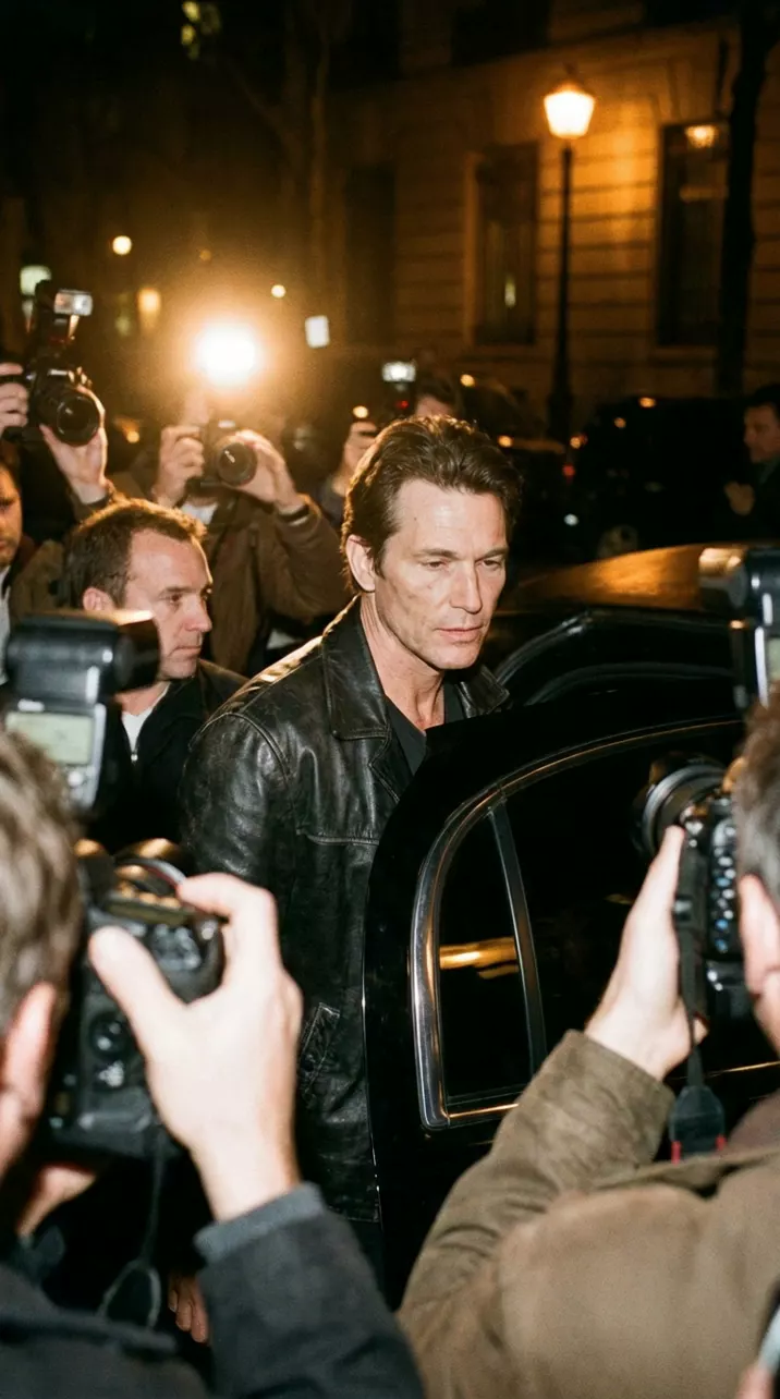 Night outside a nightclub, seen from inside a crowd of photographers with flash cameras: the frame shakes and reframes as a man in a black leather jacket steps out of a black car and pushes through