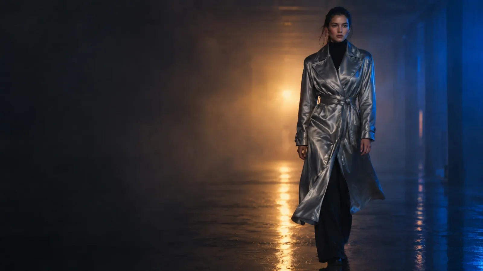 A fashion label's hero loop: an invented model in a liquid silver coat walking through amber and blue haze, the left of the frame kept clear for the headline.