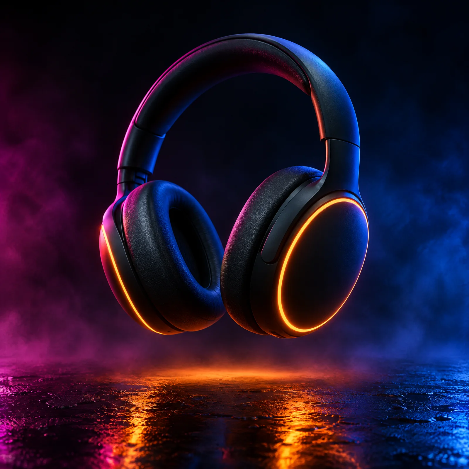 Matte black over-ear headphones with a thin glowing orange light ring on each ear cup, floating over a wet black floor under magenta and electric blue gels with an orange glow pooling beneath