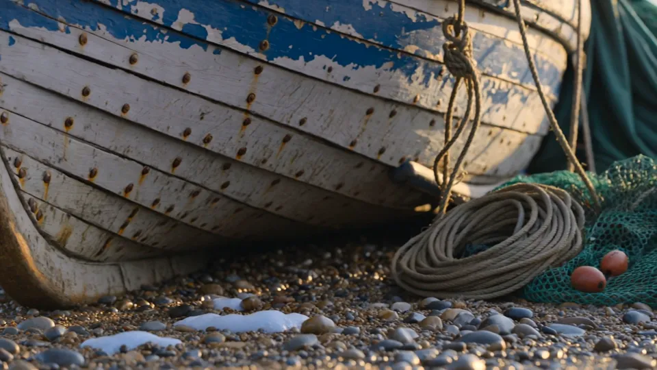 Kling v3 at 1080p: an old blue and white fishing boat on a pebble beach at sunrise