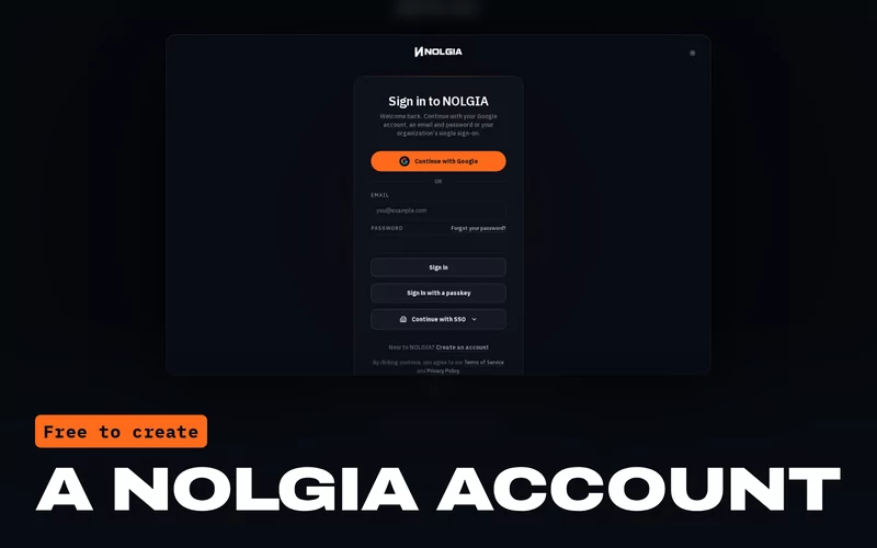 NOLGIA's sign in page, under A NOLGIA account, free to create.