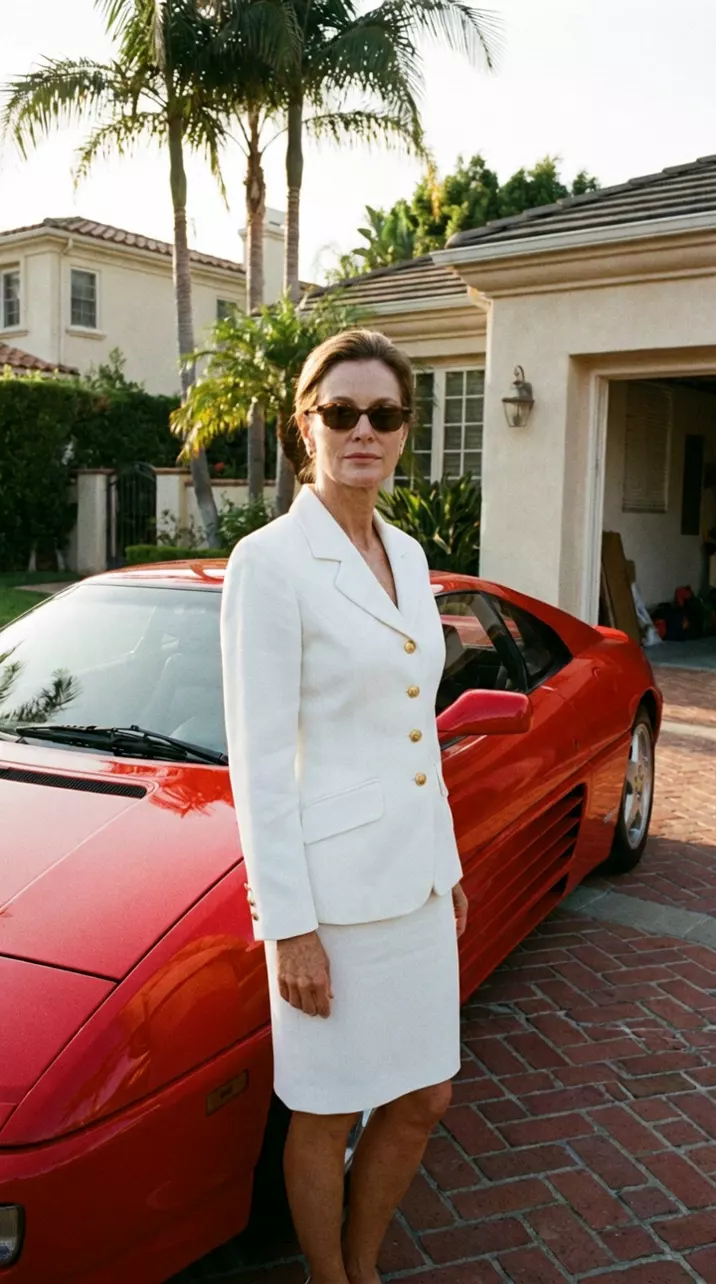 A woman in a white skirt suit and sunglasses stands beside a red sports car in a palm-lined driveway: the camera swings around her, the garage behind her giving way to a hedge and palm trees