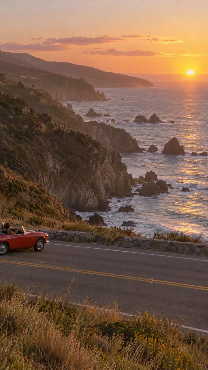 A coast road at sunset above the ocean: from one spot by the road, the camera turns right to follow a small red convertible, the cliffs sliding out of the frame