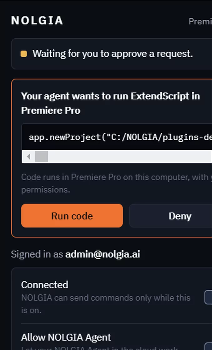 The NOLGIA panel asking before it runs ExtendScript: the code, Run code and Deny, and the note that code runs on this computer.