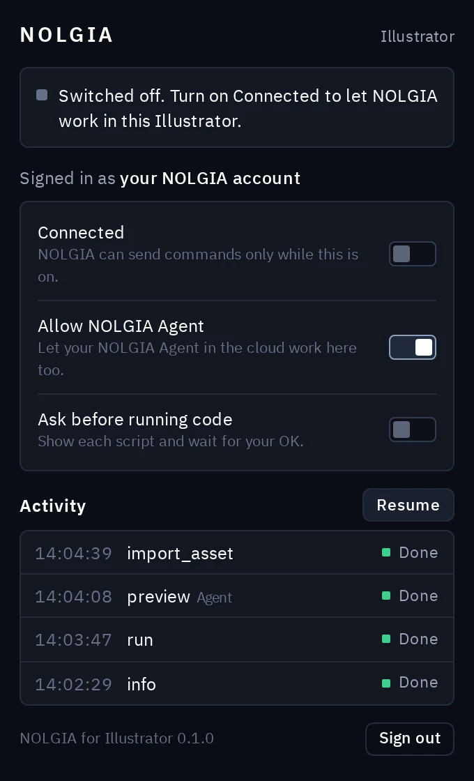 The NOLGIA panel switched off: the Connected switch is off and the status line says so.