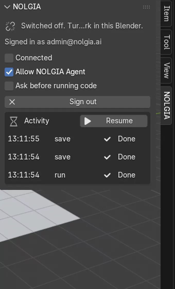 The NOLGIA tab switched off: the Connected switch is off and the status line says so.