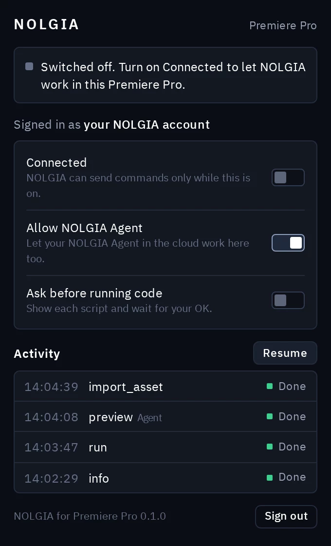 The NOLGIA panel switched off: the Connected switch is off and the status line says so.
