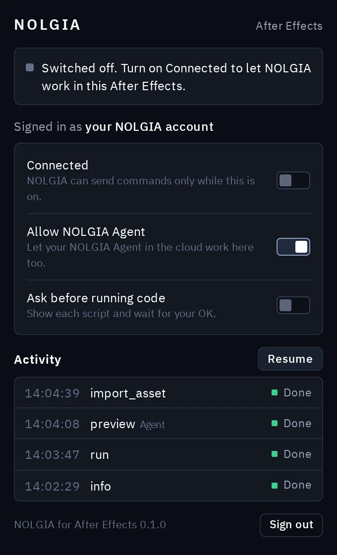The NOLGIA panel switched off: the Connected switch is off and the status line says so.