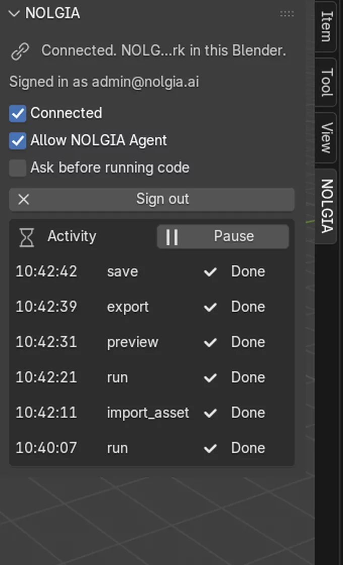 The NOLGIA tab connected: the Connected, Allow NOLGIA Agent and Ask before running code switches, and an Activity list of commands with their state.