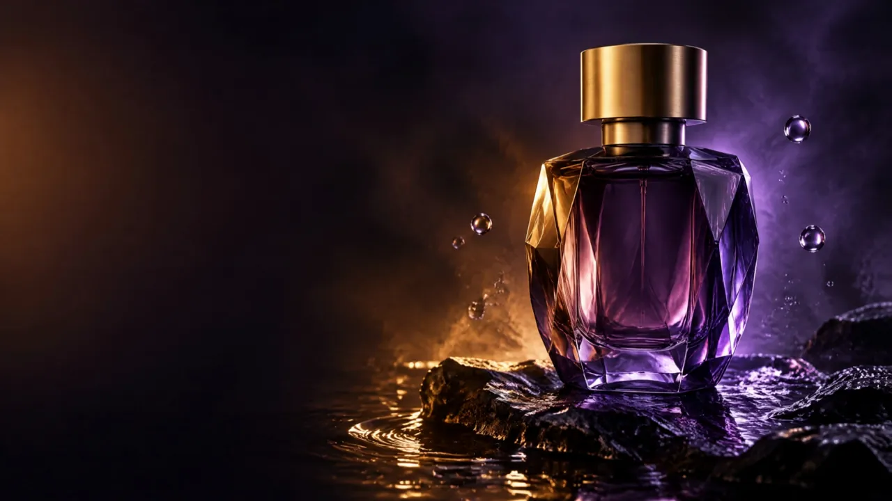 The banner animated into a 5 s product film: a slow arc around the bottle, falling droplets and a sweep of light.