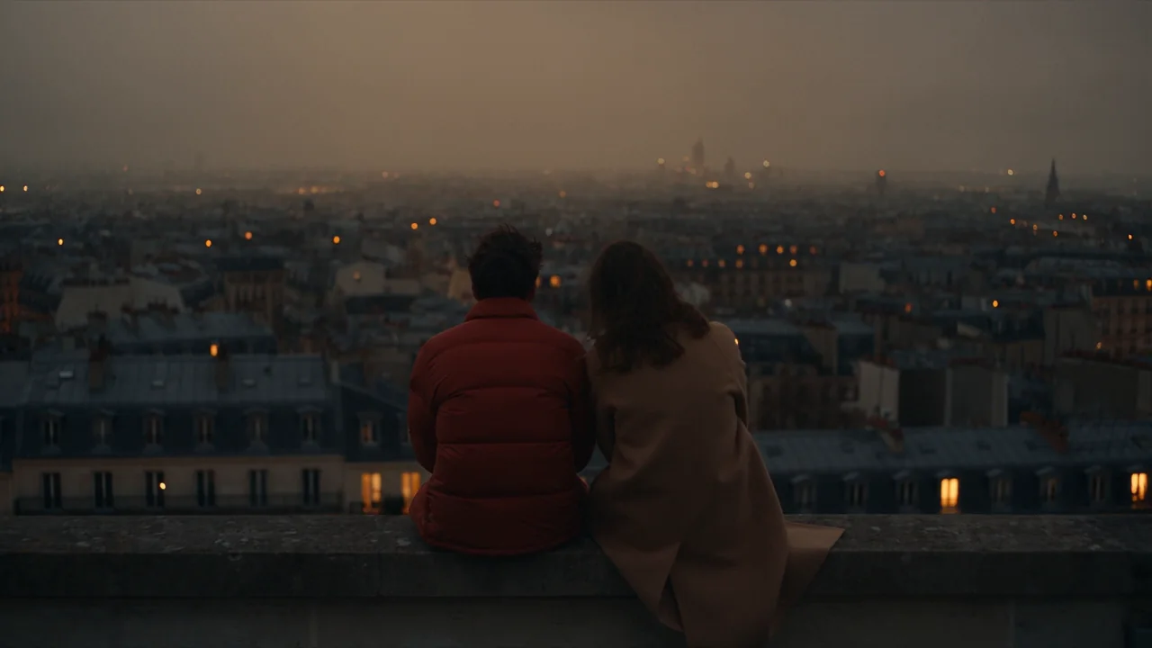 Two friends in a red puffer jacket and a camel coat sit on a rooftop ledge with their backs to the camera, dark rooftops and window lights below, as the camera rises