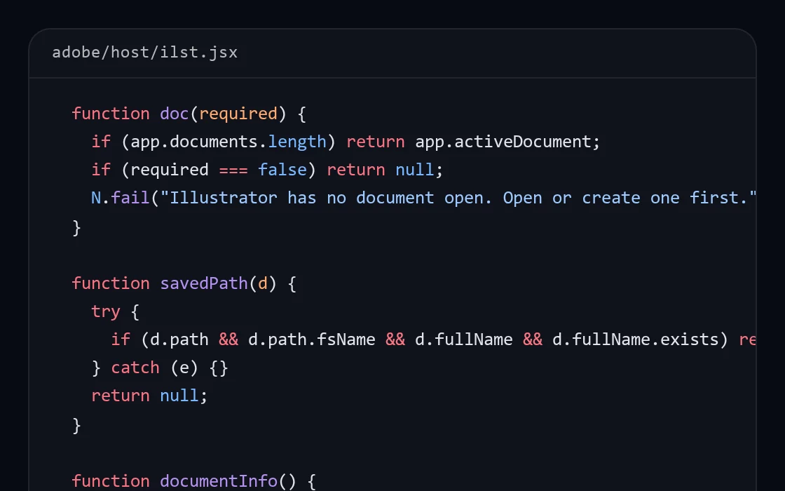 The first lines of the Illustrator plugin's own source code.