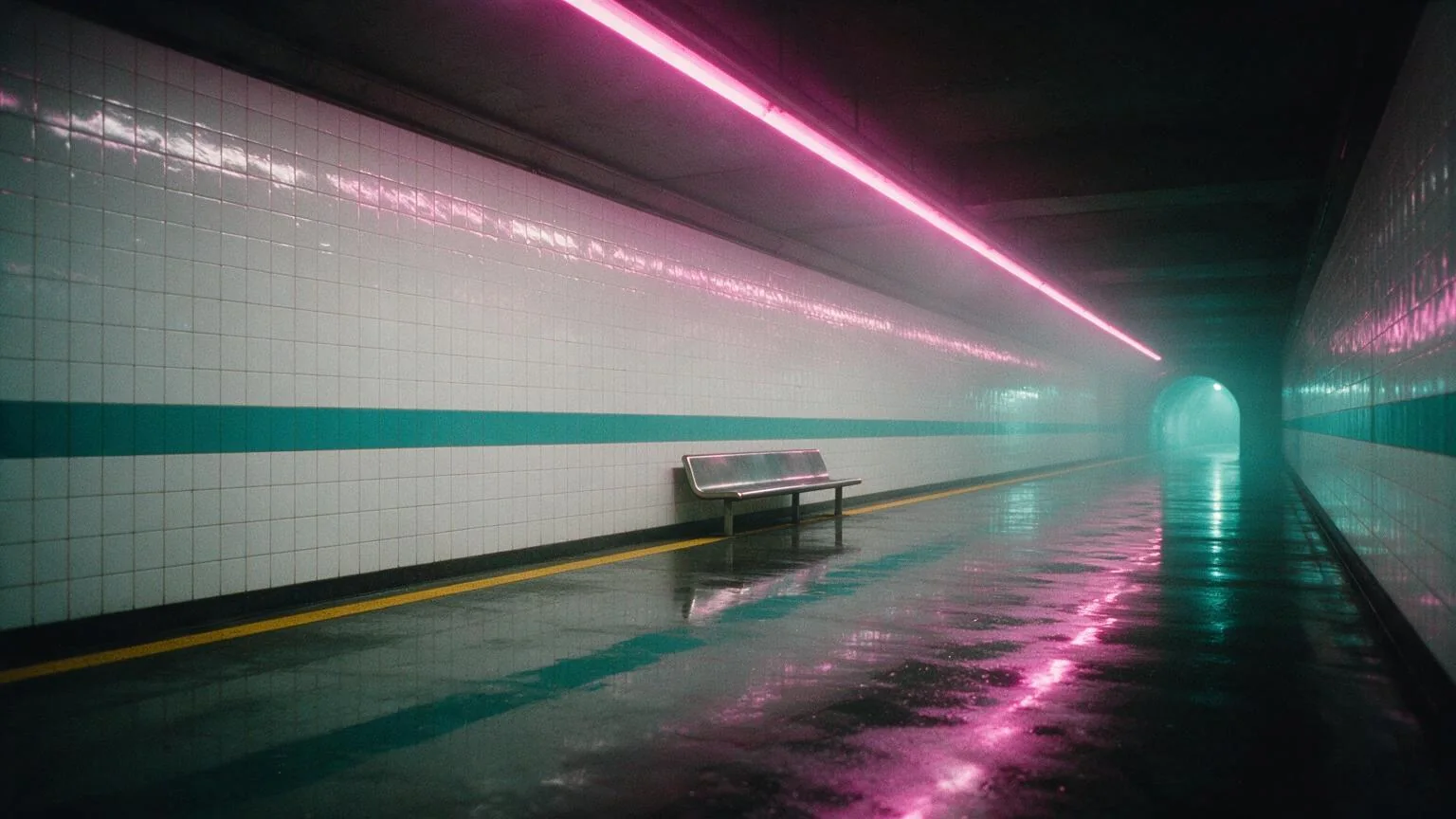The location's reference: white tiles, a teal stripe, a magenta neon strip, a wet floor, a yellow line, a steel bench, a cyan tunnel mouth