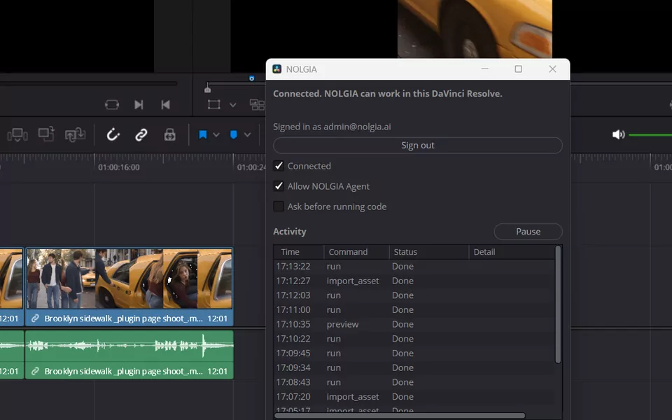 The NOLGIA window reading Connected. NOLGIA can work in this DaVinci Resolve.