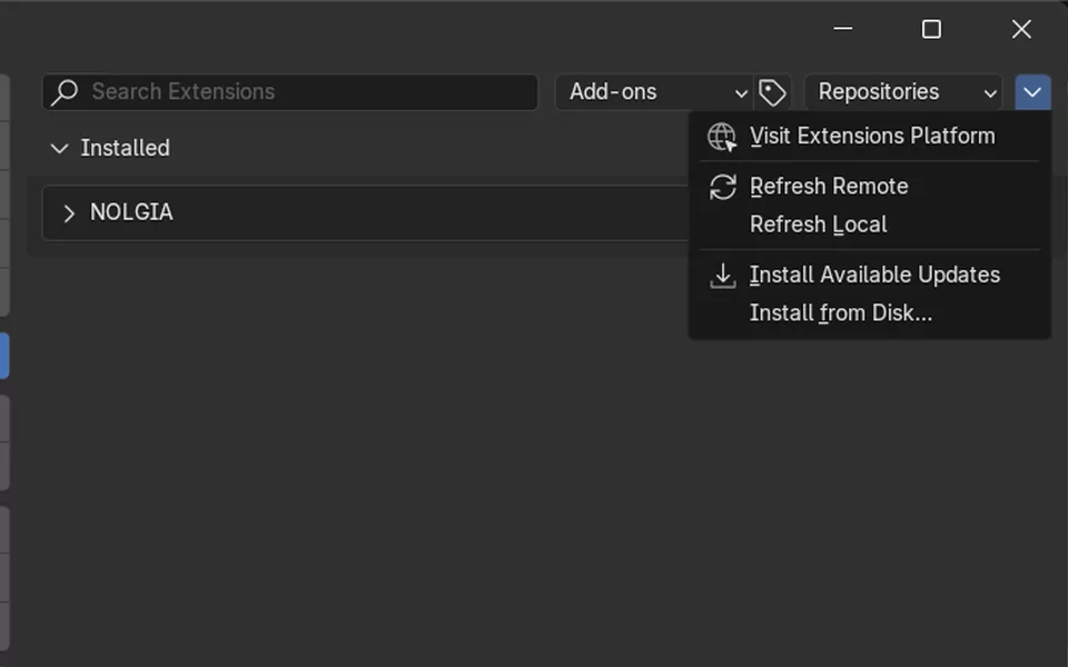 Blender's Preferences open on Get Extensions, with Install from Disk in the menu at the top right.