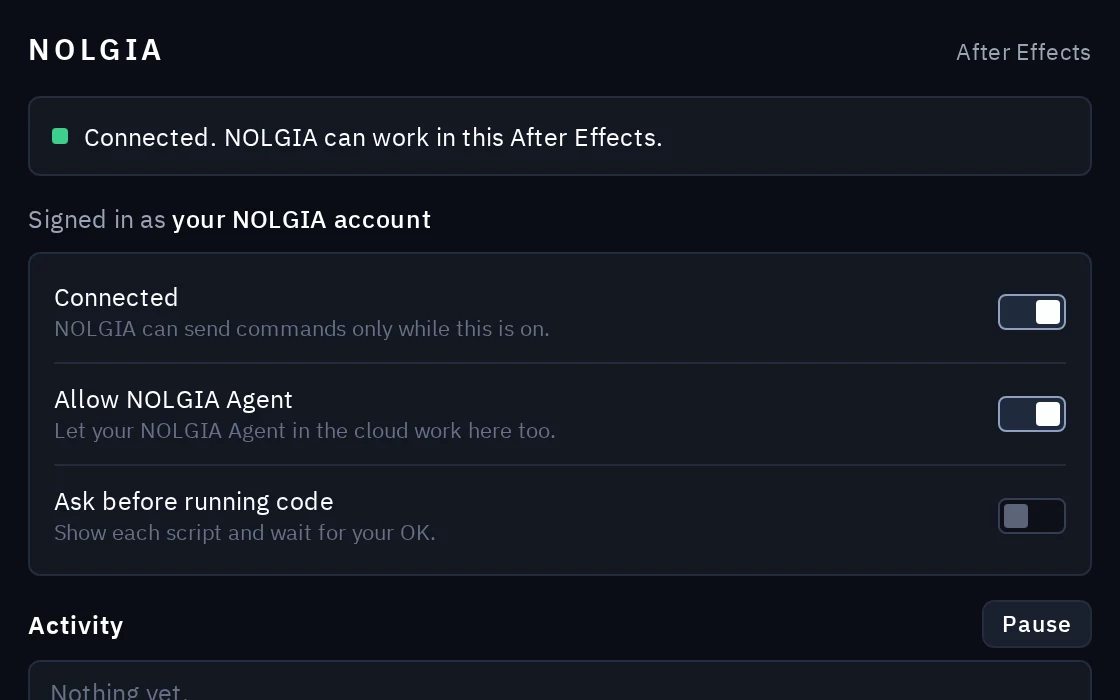 The NOLGIA panel signed in and reading Connected. NOLGIA can work in this After Effects.