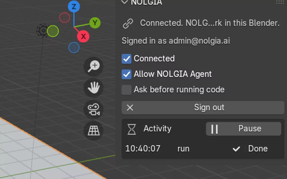 The 3D Viewport's side panel with the NOLGIA tab selected.