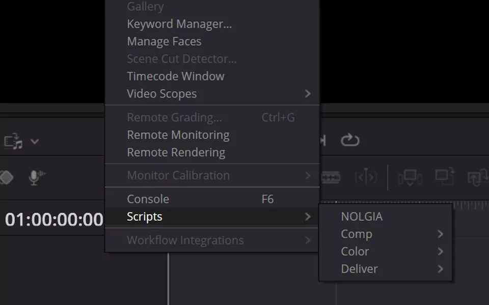 DaVinci Resolve's Workspace menu open on Scripts, NOLGIA.