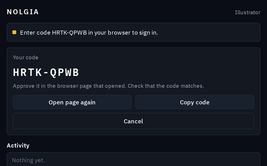 The NOLGIA panel showing Your code with the sign in code to check in the browser.