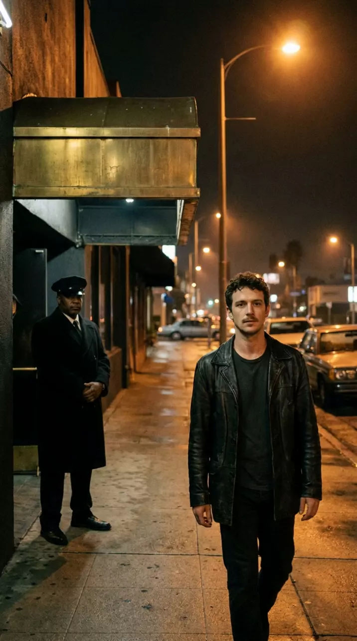 A city sidewalk at night outside a nightclub with a doorman: the camera whips into a blur of streetlights and stops on a young man in a black leather jacket walking toward it